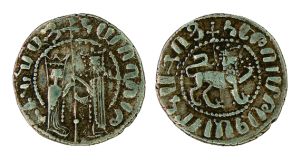 Kilikya’nın I. Hetum kralı ve Zabel kraliçesinin resimleriyle bir para (1226-52 yılları, Sis)