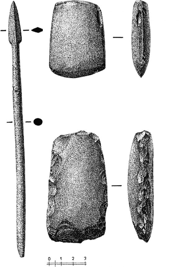 EC Armavir bölgesi, Arataşen, kemik mızrak ve taş baltalar, M.Ö. VI. binyıl (kazılar R. Badalyan ve P. Lombard, çizim H. Sargısyan)