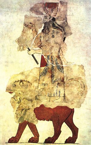 Երևան, Էրեբունի ամրոց, որմնանկար՝ Խալդին առյուծի վրա, Ք.ա. VIII դ. (Ըստ` Կ. Հովհաննիսյան, 1961, Արին Բերդ, նկ. 32) 