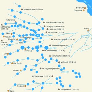 Գեղամա լեռների ջրաբաշխիչ համակարգի քարտեզը, Ք.ա. IV-II հազ. (հեղ.` Ա. Քալանթար, վերագծումը` Ս. Դերմարսուբյանի և Բ. Գասպարյանի: Ըստ` Ashkharbek Kalantar 1994. Armenia from the Stone Age... Archéologie et Environnment, p. 33, fig. 2) 