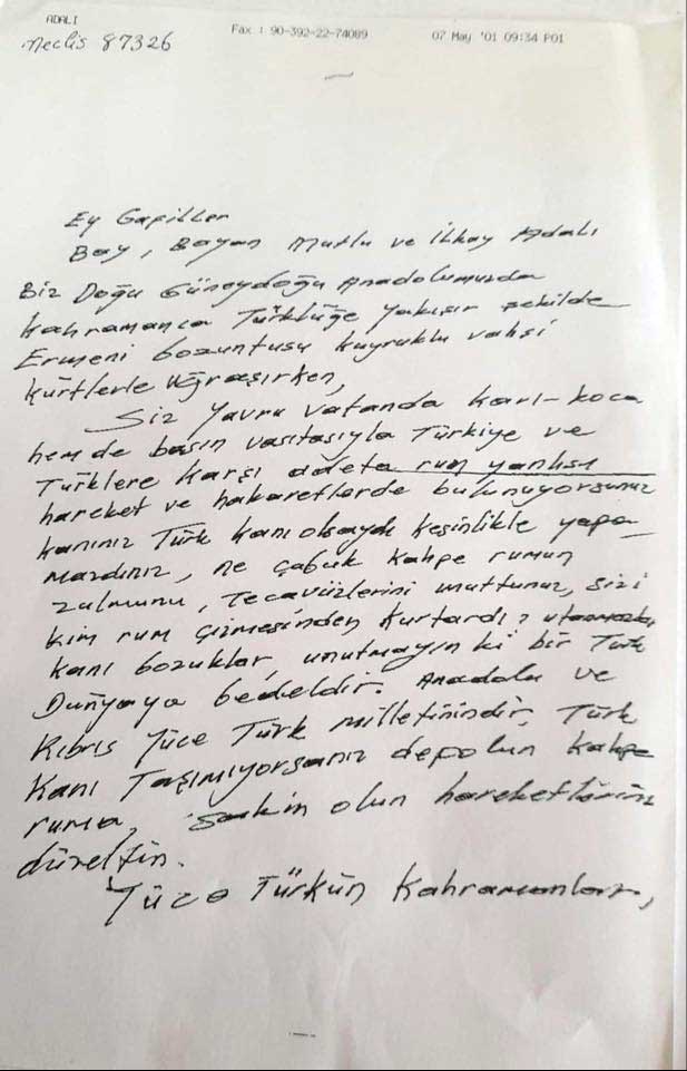 İşte Kutlu Adalı’ya yazılan tehdit mektubu!