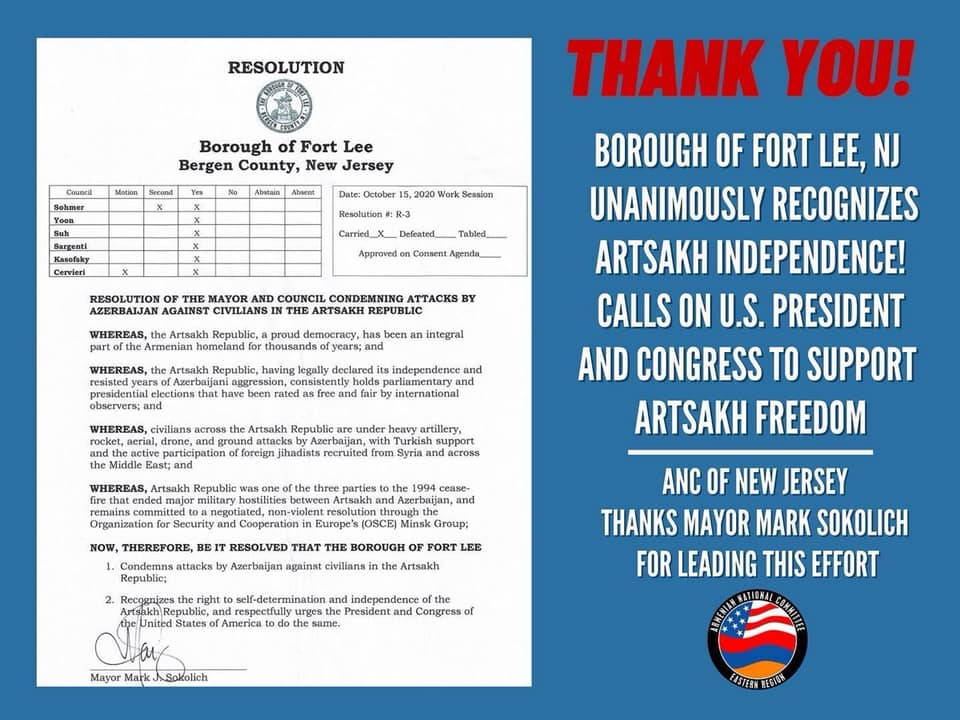 ABD New Jersey Eyaleti’nin Fort Lee Kenti Azerbaycan’ın Artsakh’a yaptığı saldırıyı kınadı