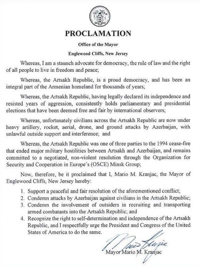 ABD’nin Englewood Cliffs şehrinin Belediye Başkanı: “Artsakh’ın bağımsızlık hakkını tanıyorum”