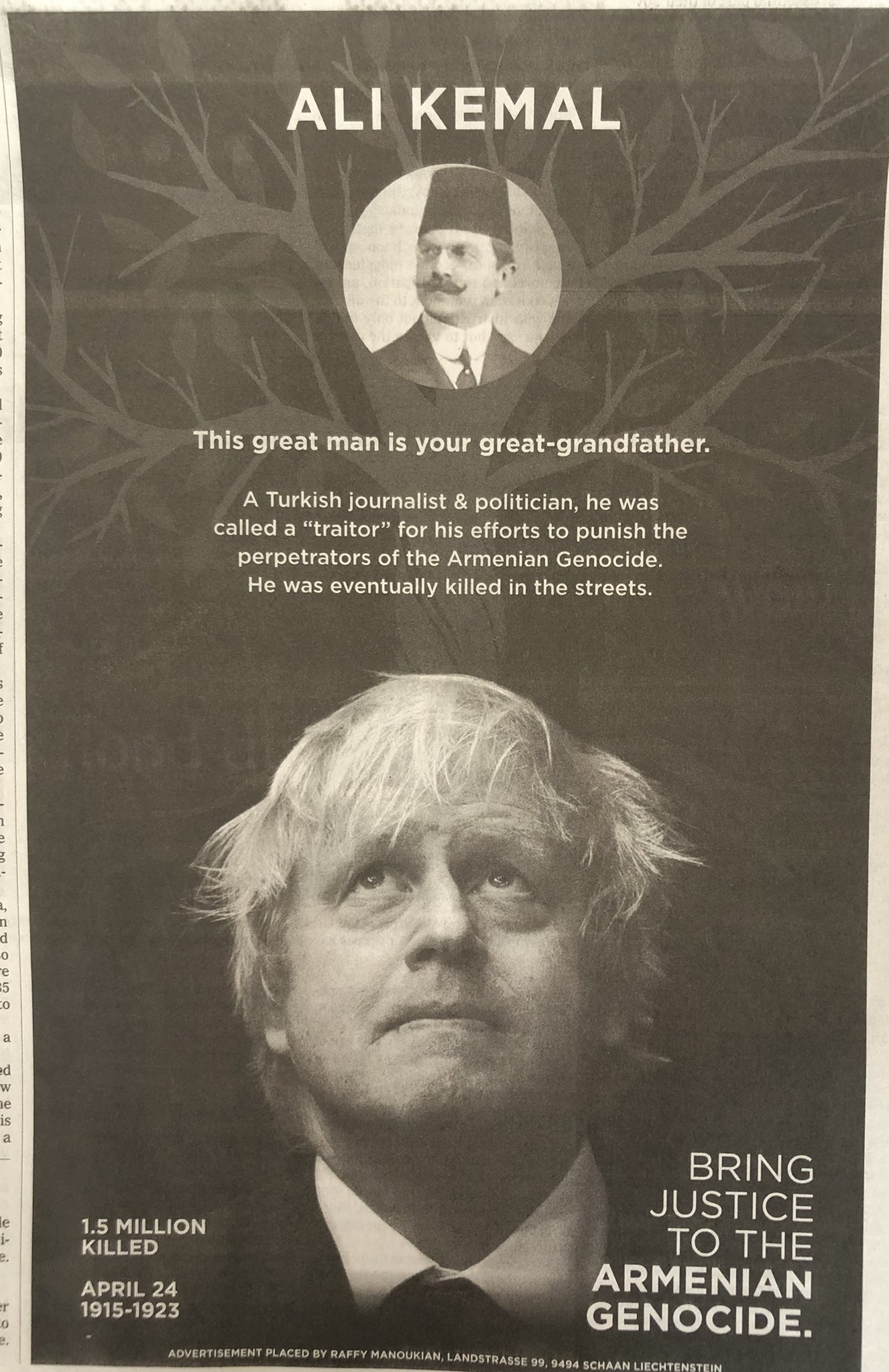 New York Times’ta Britanya Başbakanına çağrı yapan reklam: Senin büyük deden Ali Kemal sokaklarda öldürüldü; Ermeni Soykırımı’na adalet getir