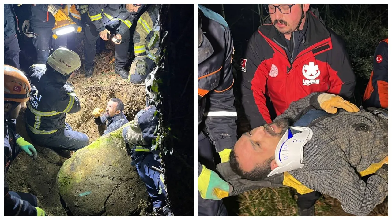 Define ararken kayanın altında sıkıştı, itfaiye kurtardı