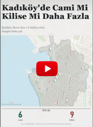 Kadıköy Rıhtım’dan 15 dakika yürüyerek ulaşılabilecek cami ve kilise sayıları karşılaştırıldı