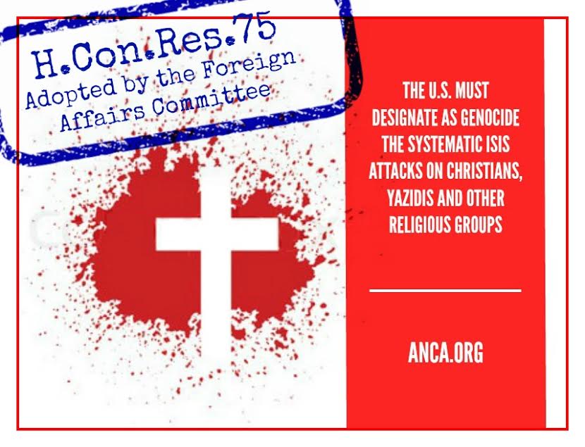 «Իսլամական պետութեան» ոճիրները ցեղասպանութիւն որակելու Քոնկրեսի բանաձեւին մէջ հայերու պարագան եւս կը նշուի